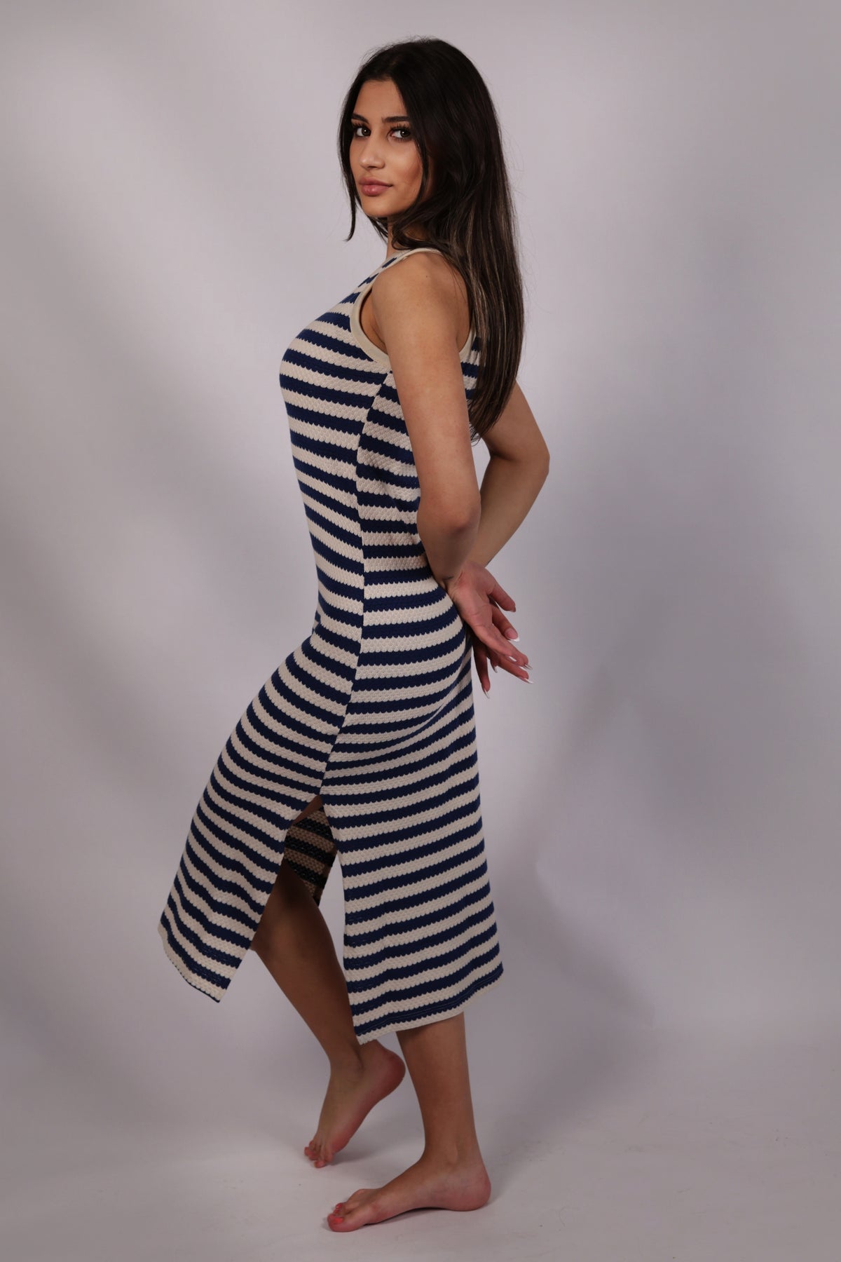 Blue beige horizontal stripes dress